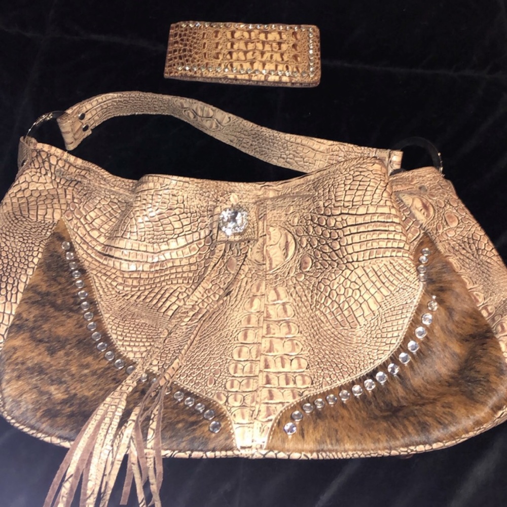 Leather snake tan purse bling with matching wallet